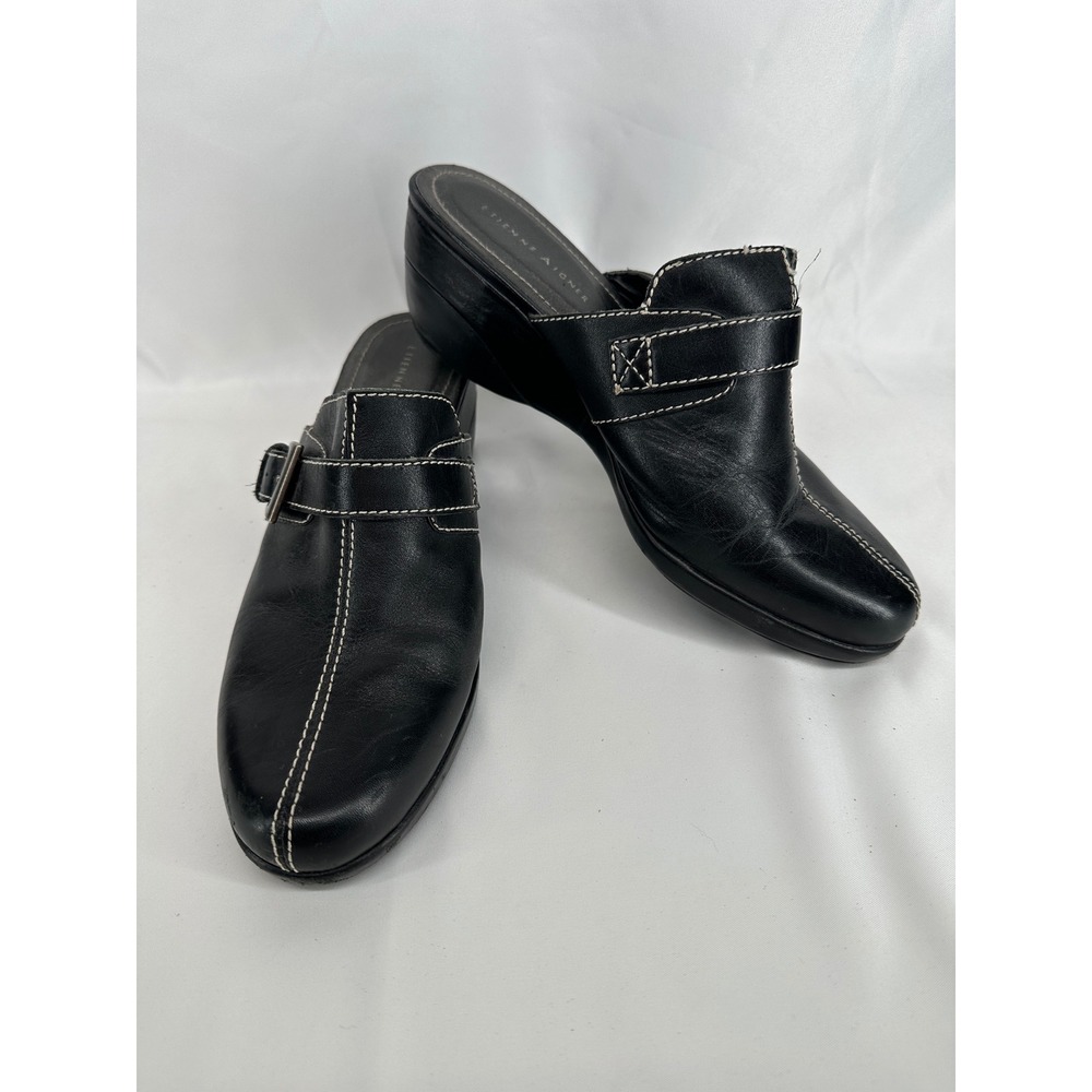 Etienne Aigner Palace Mules Women 8M Black Leather Wedge Contrast Stitch Buckle